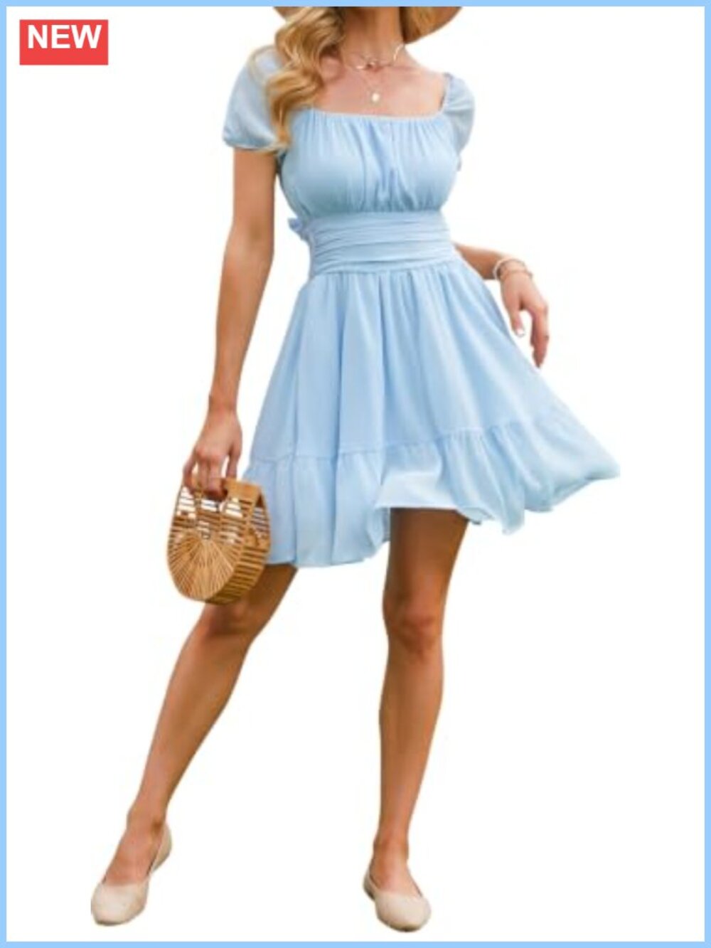 Puff Sleeve Square Neck Ruched Bust Smocked Waist Tie Back Mini Dress